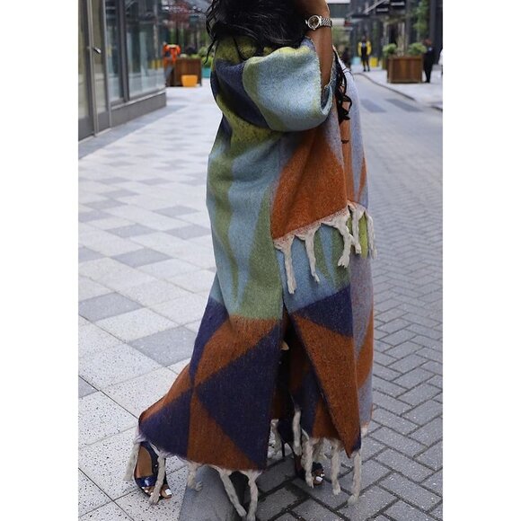 Women Long Open Front Sweater Cardigan Fringe Color Block Maxi Plus Size - Picture 3 of 6